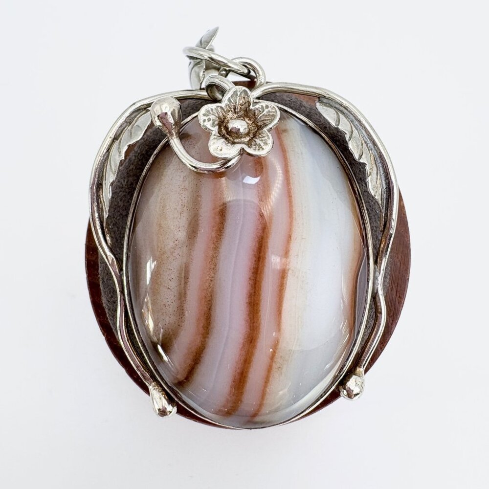 Banded Agate Leaf Design Pendant VTG Sterling Silver 925 Size 2.5" Length
